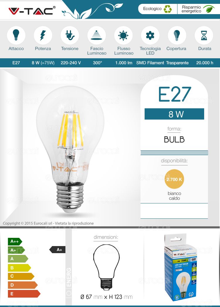 Lampadina LED E27 Filament 8W Bulb