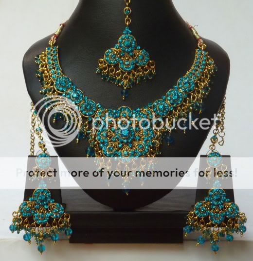 4tlg Bollywood Brautschmuck Lara saphirblau mit Collier, Ohrringen